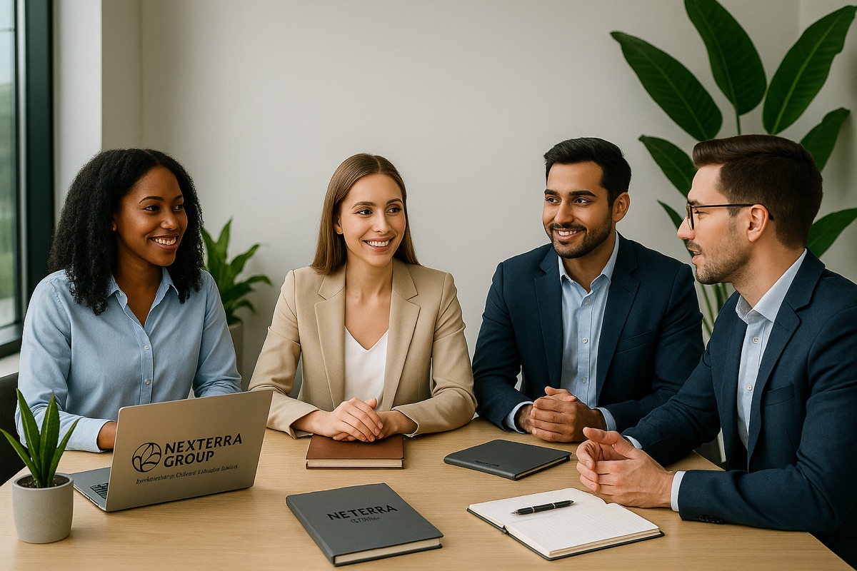 Marketing team collaborating around a conference table
